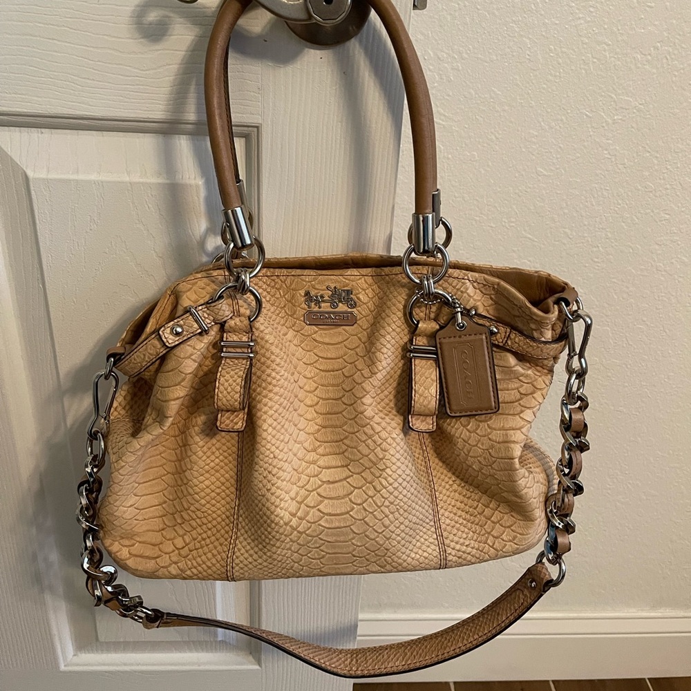 Tan snakeskin Authentic Coach bag w/ 3 compartments & additional shoulder strap